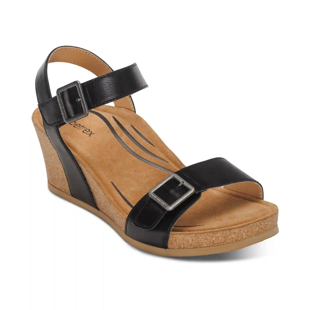 Lexa Quarter Strap Wedge - Black Leather